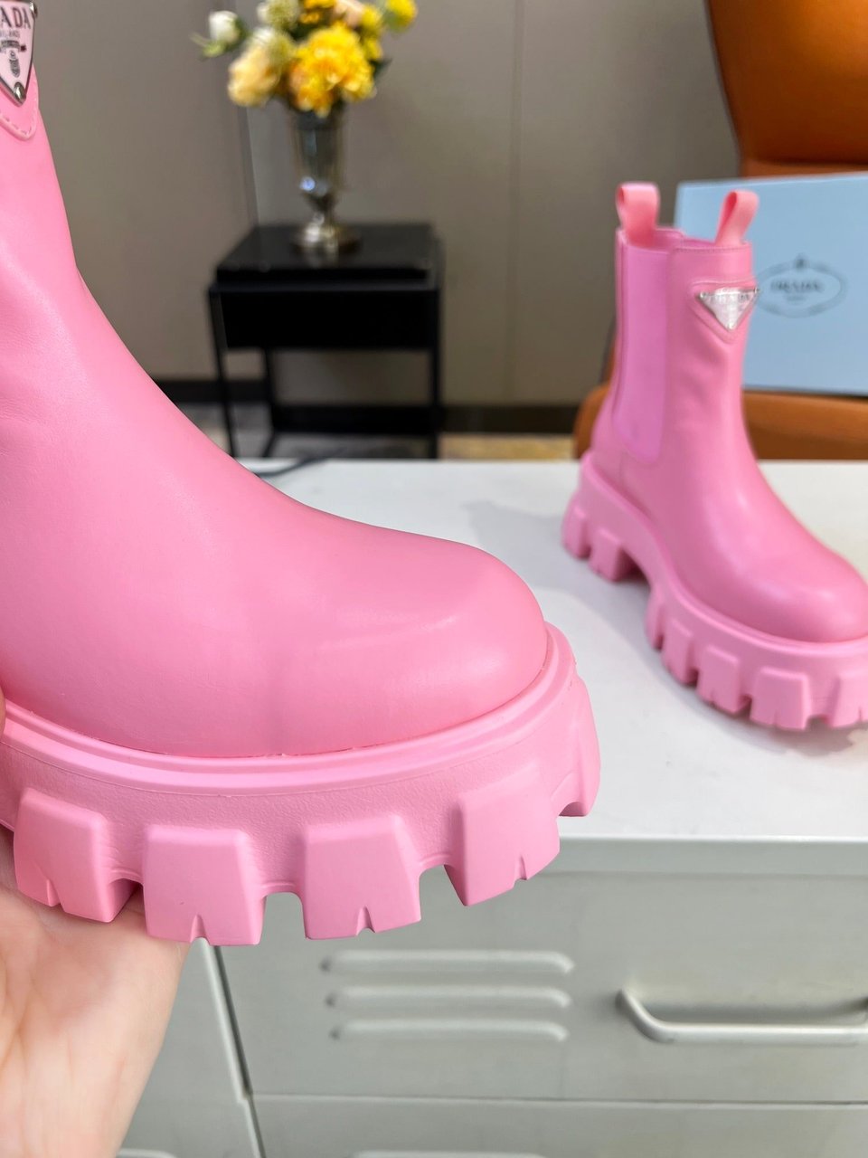 Prada Monolith Brushed Leather Booties Pink view 3