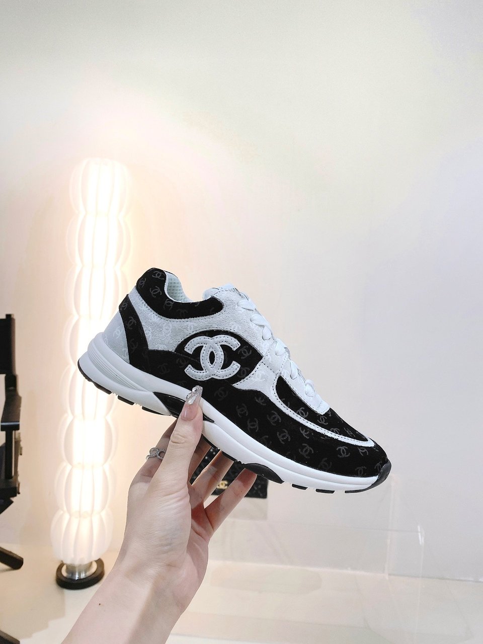 Chanel Printed Suede Calfskin Sneakers White And Black G39230 X56653 94305 view 7