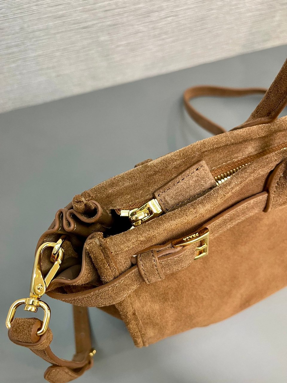 Prada Bonnie Large Suede Handbag Cocoa Brown 38cm view 9