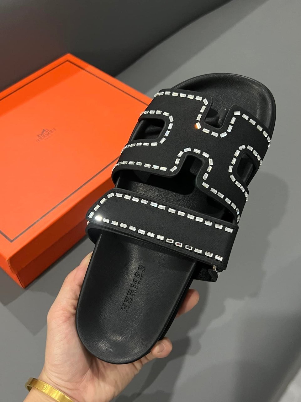 Hermes Chypre Sandal Suede Crystal Black view 9