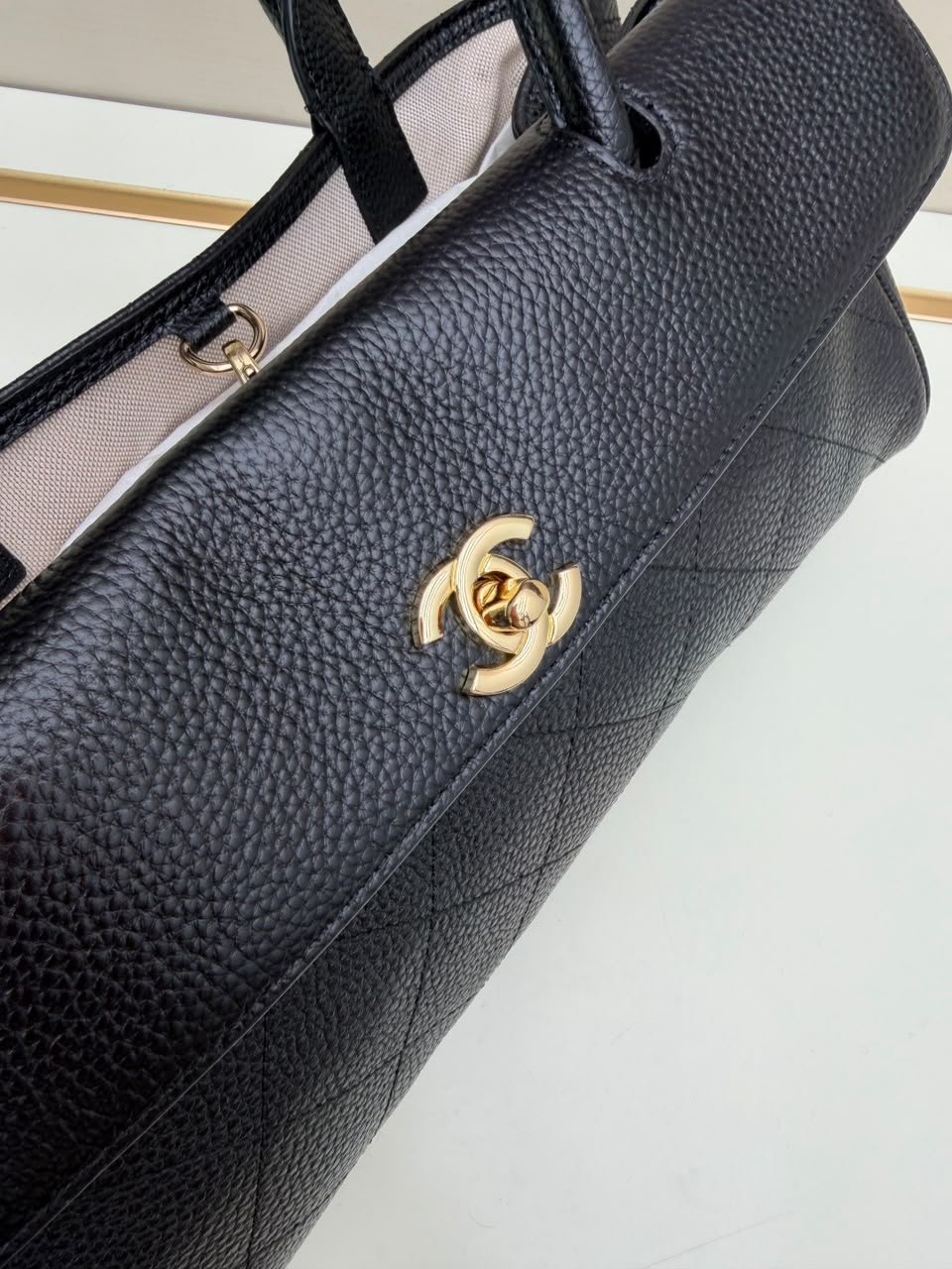 Chanel Small Shopping Bag Calfskin With Grain Effect &amp; Gold Metallic Black 32cm/12.6in AS6288 view 6