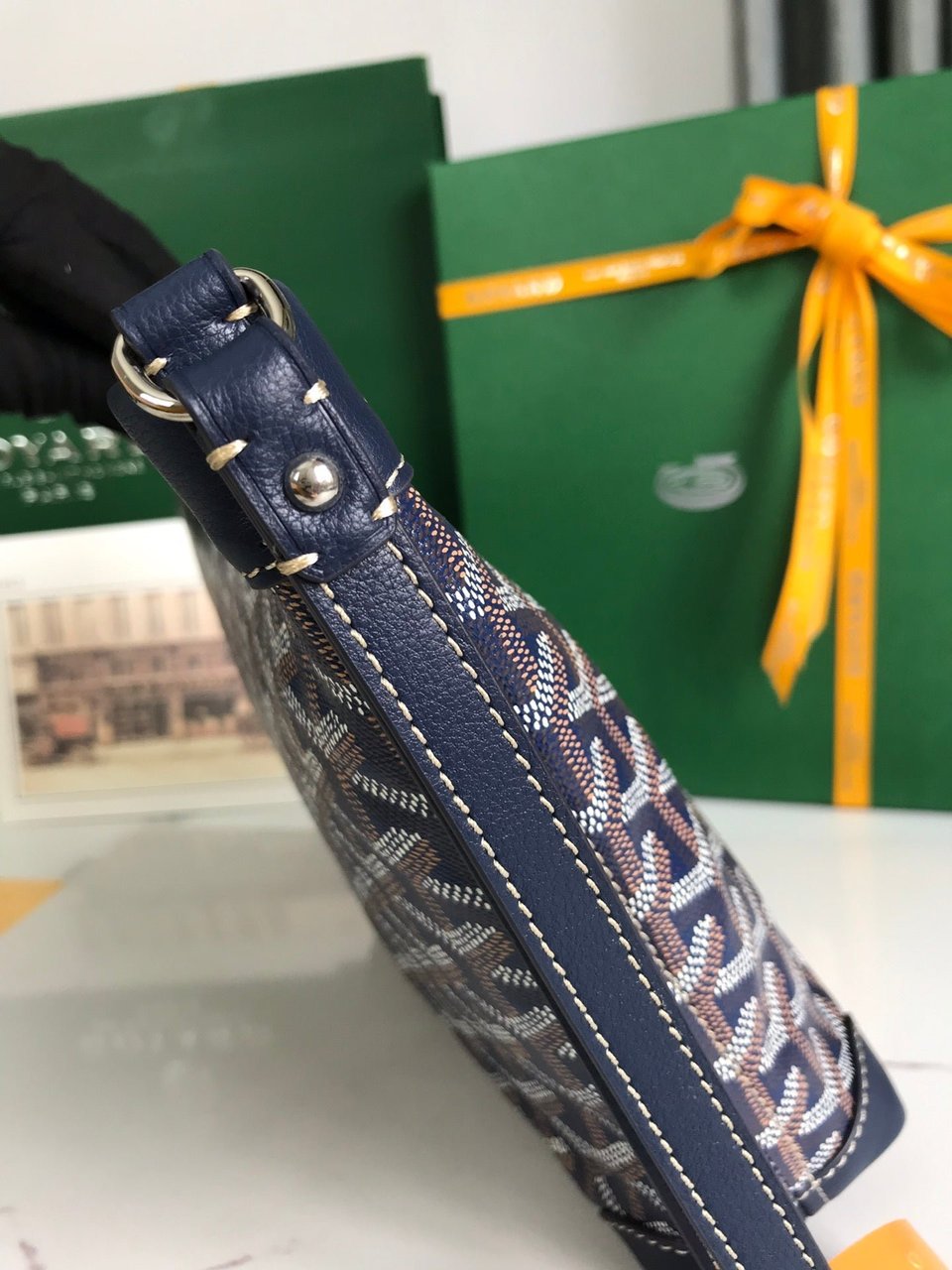 Goyard Conti Pouch 24 Cm Navy Blue Lambskin And Goyardine Canvas view 7