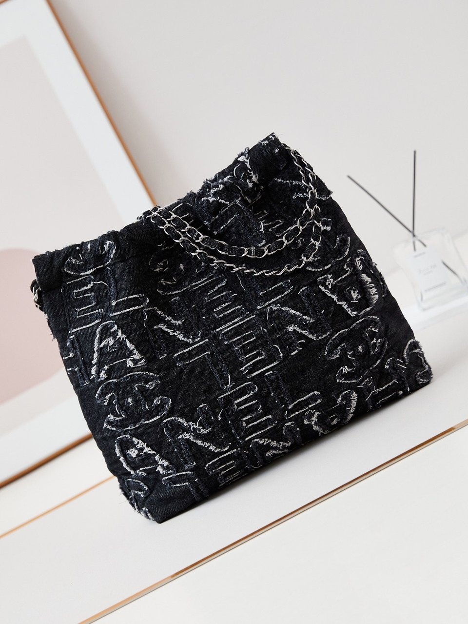 24A Chanel 22 Hobo Bag Black Denim Silver Hardware view 8