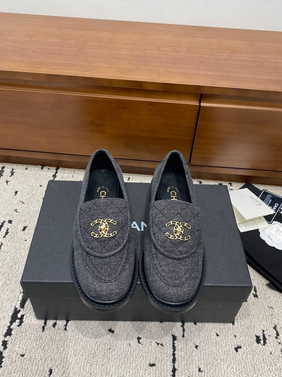 Chanel Quilted Fabric Loafers with CC Chain Logo Dark Grey G39834 view 4