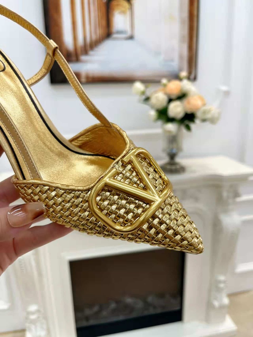 Valentino Garavani Vlogo Woven Leather Slingback Pumps Gold view 9