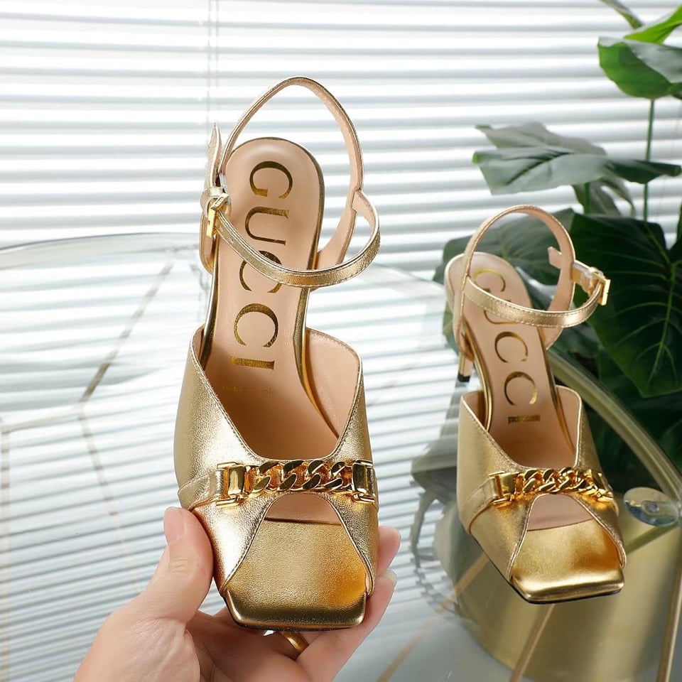 Gucci Metal Chain Stiletto Heels Flip Flop Fish Mouth Sandals Gold view 4