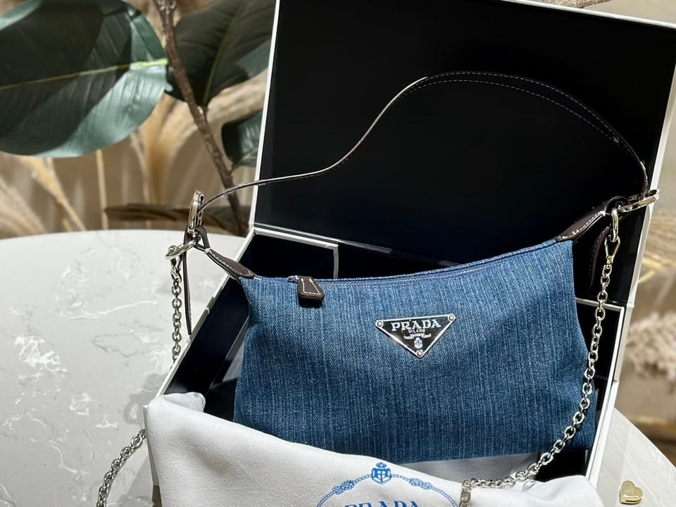 Prada Jeans Ring Shoulder Bag Denim Blue 25Cm view 3