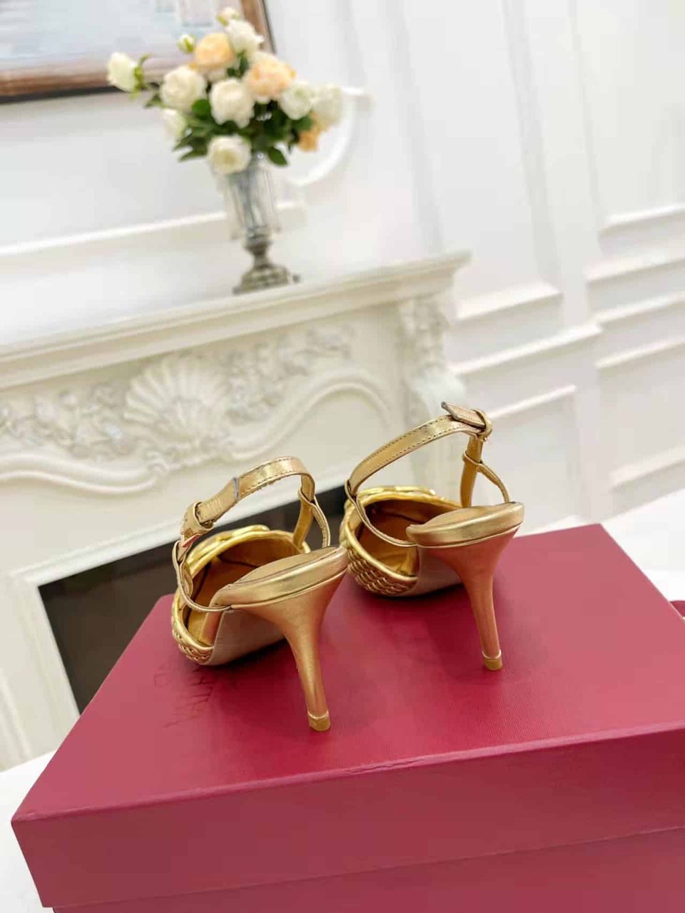 Valentino Garavani Vlogo Woven Leather Slingback Pumps Gold view 7