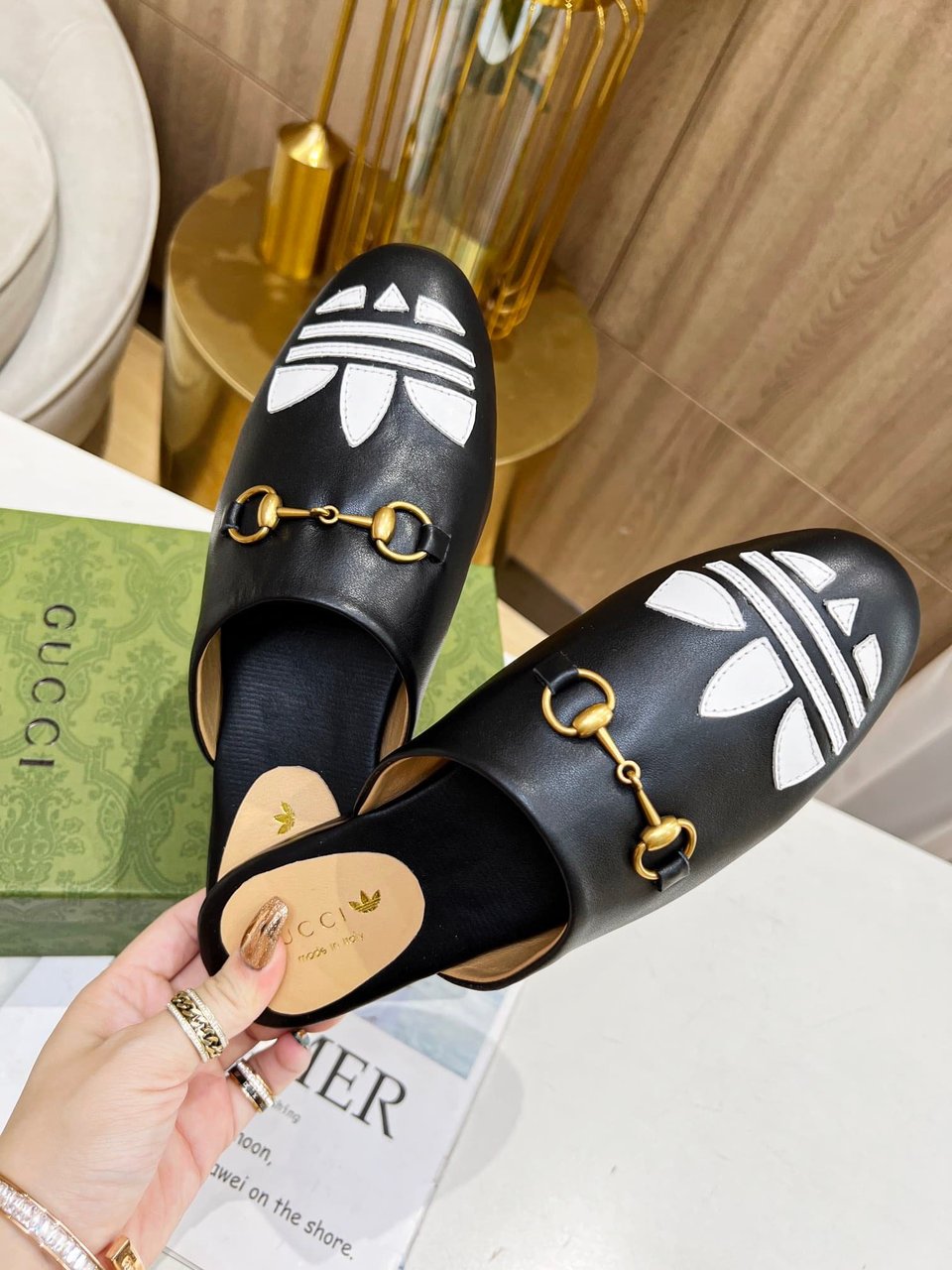 Gucci X Adidas Women’S Trefoil Slipper Leather Black view 4