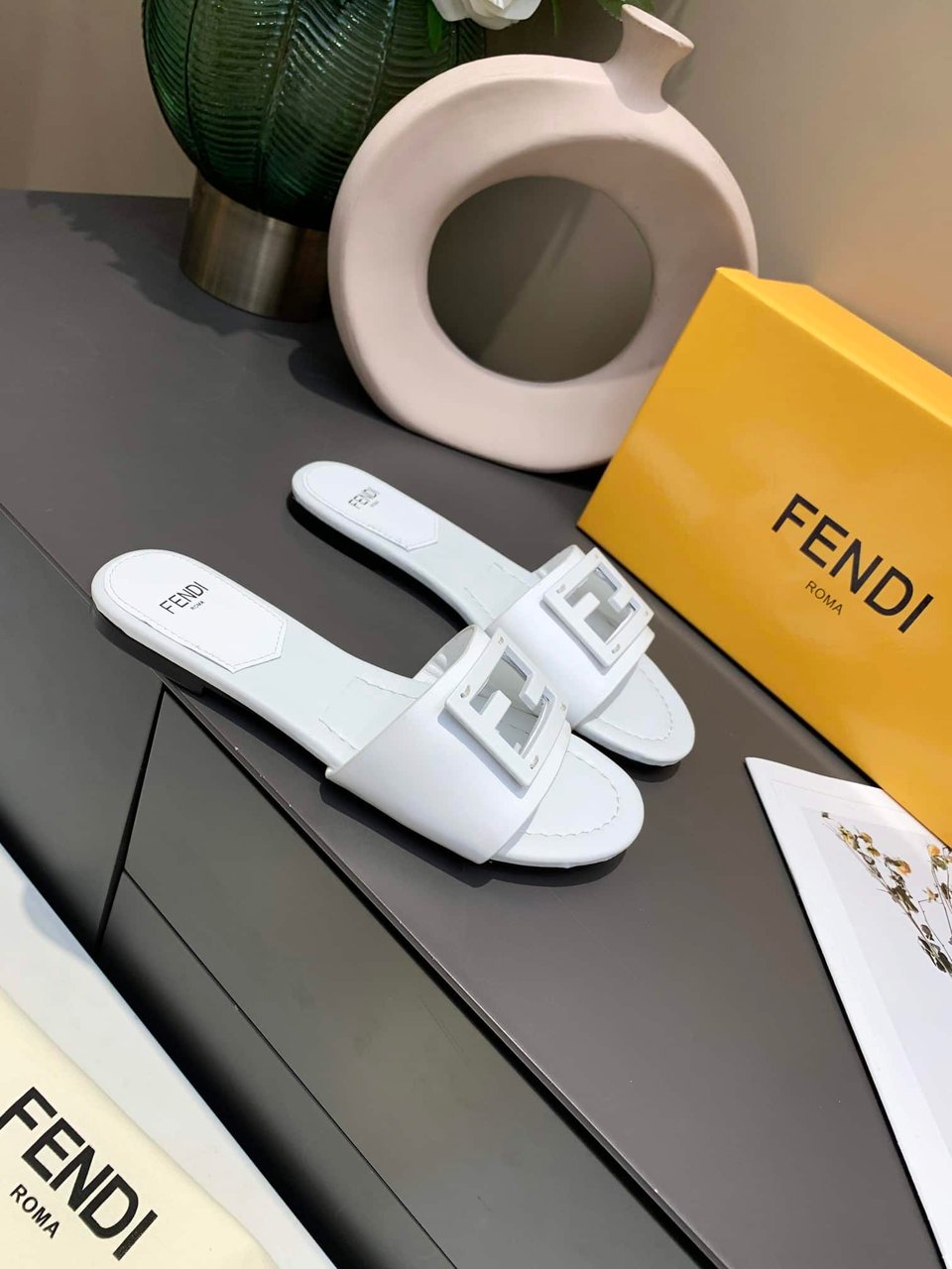 Fendi Signature Leather Sandals Slide White view 4