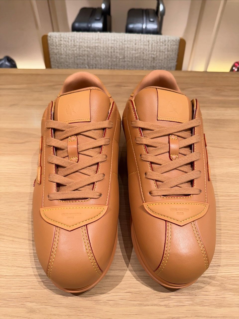 Louis Vuitton Tan Yellow Stitching Leather Sneakers For Men view 3