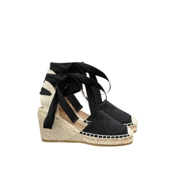 Prada Linen Espadrille Wedge Sandals Black view 2