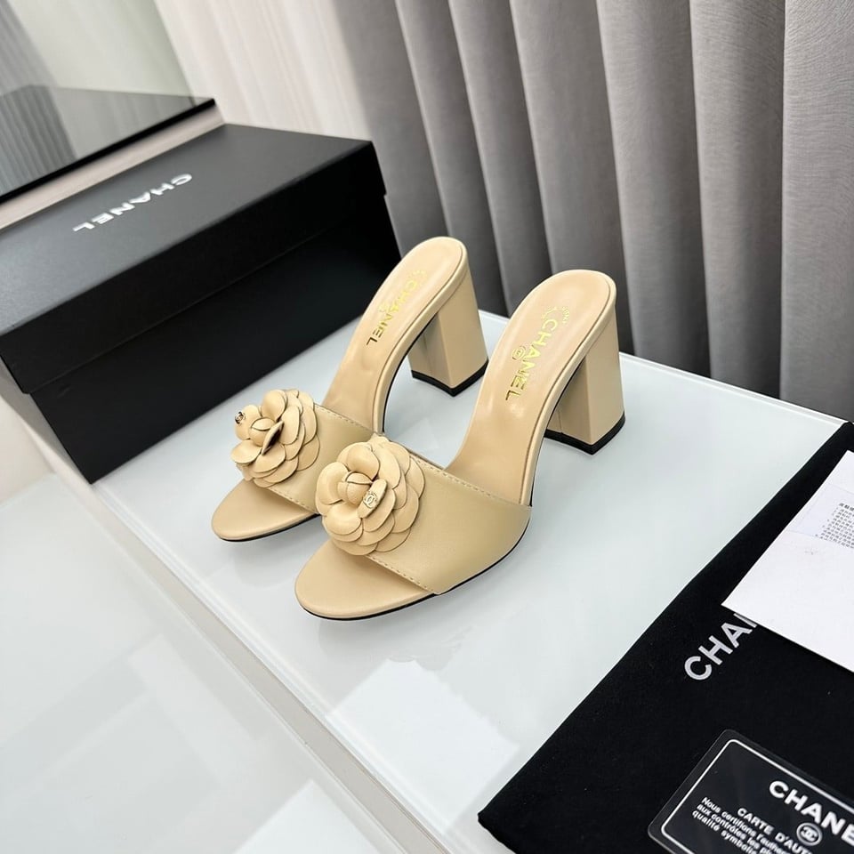 Chanel Camellia Medium Heel Slippers Beige view 4