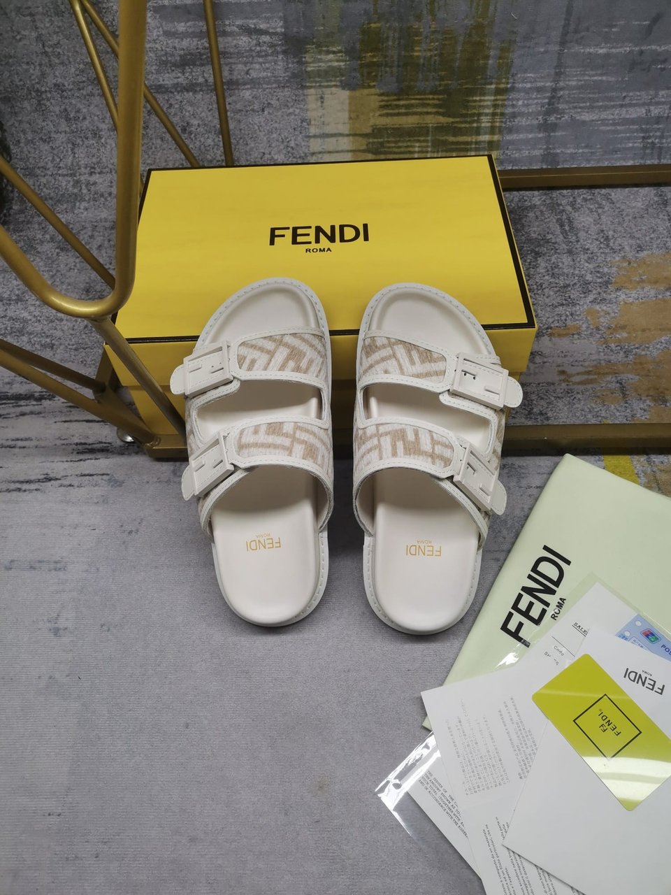 Fendi Feel Dove Grey Ff Chenille Slides White view 6