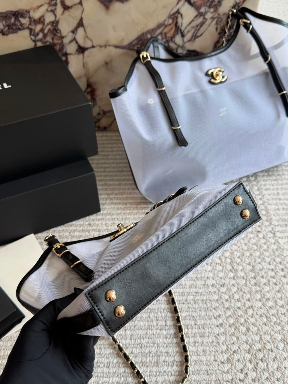 Chanel Small Tote Mesh, Calfskin &amp; Gold-Tone Metal Transparent &amp; Black 28cm/11in AS6015 view 9