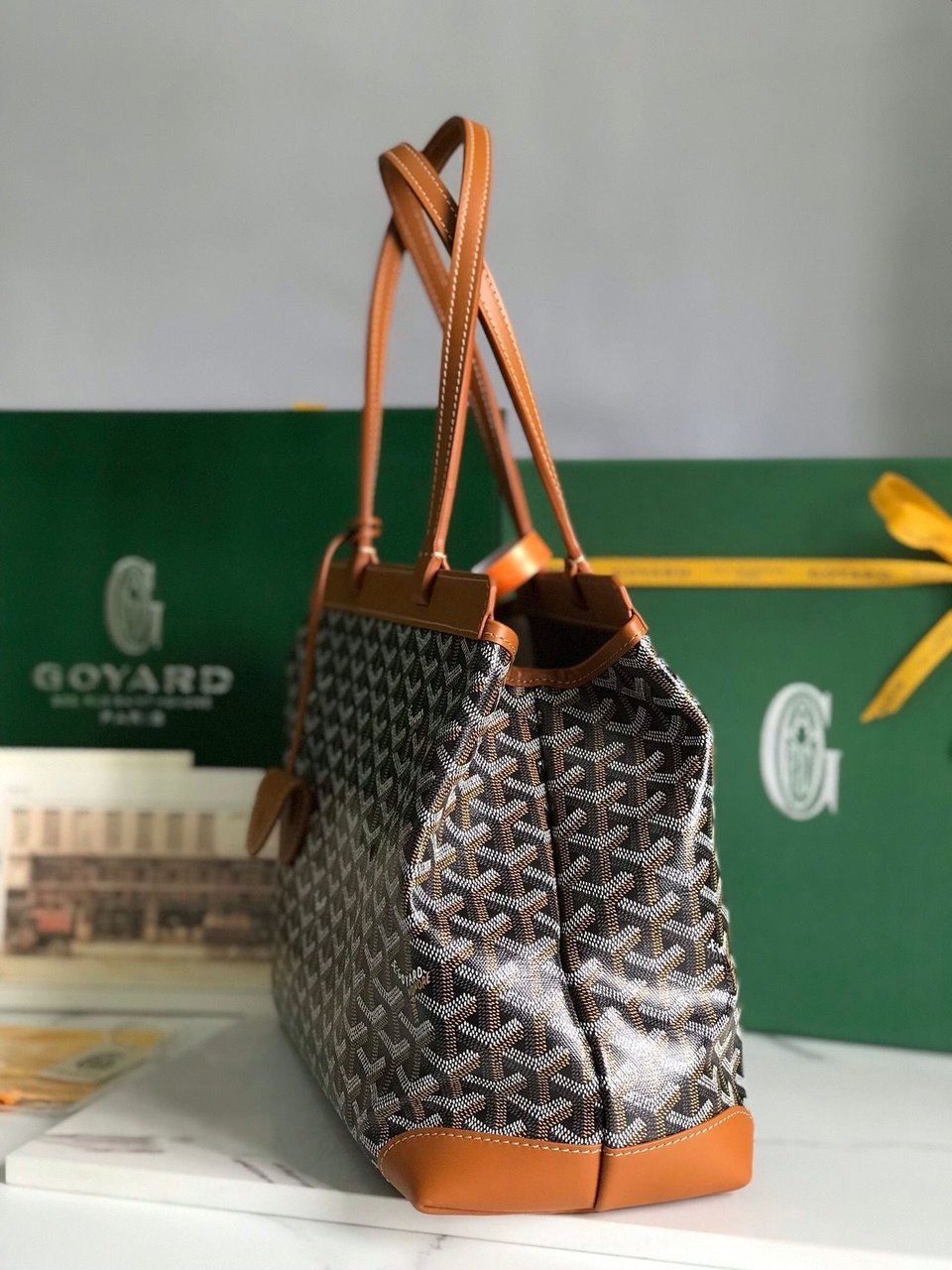Goyard Bellechasse Biaude Pm Bag 36 Cm Black Goyardine Canvas And Tan Calfskin Trim view 9