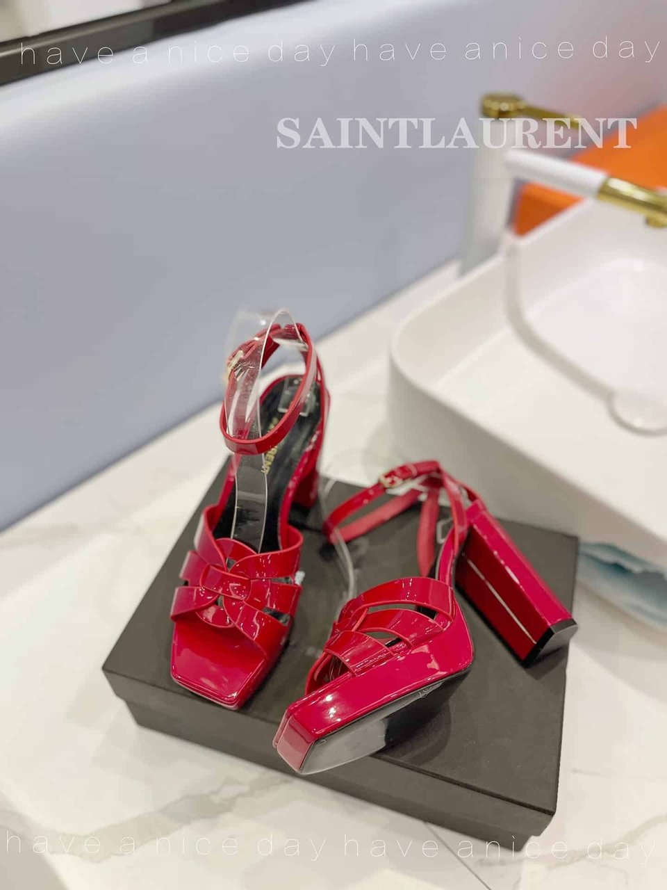 Saint Laurent Tribute Platform Sandals In Patent Leather Red view 10