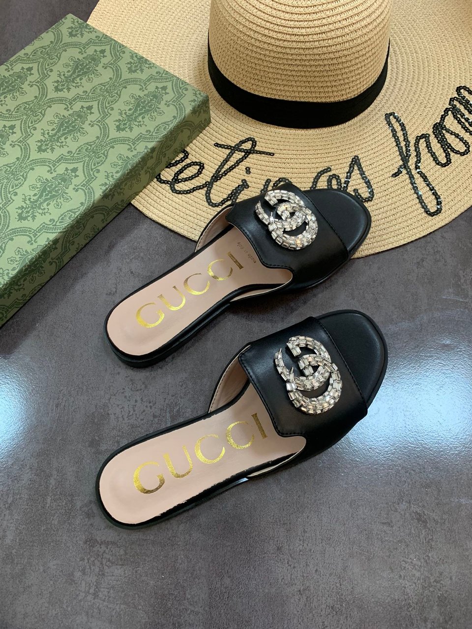 Gucci Double G Slippers Leather Beaded In Black view 5