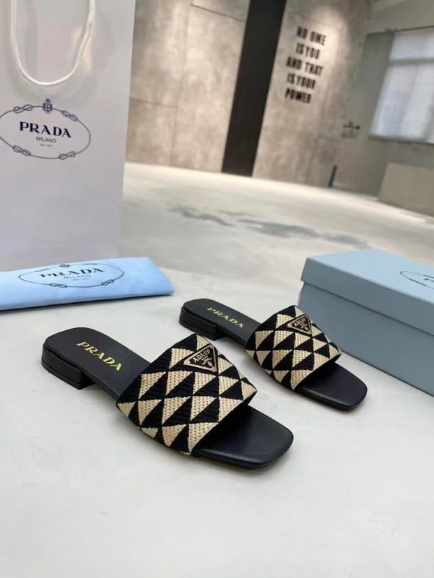 Prada Embroidered Fabric Slides Black Yellow view 8
