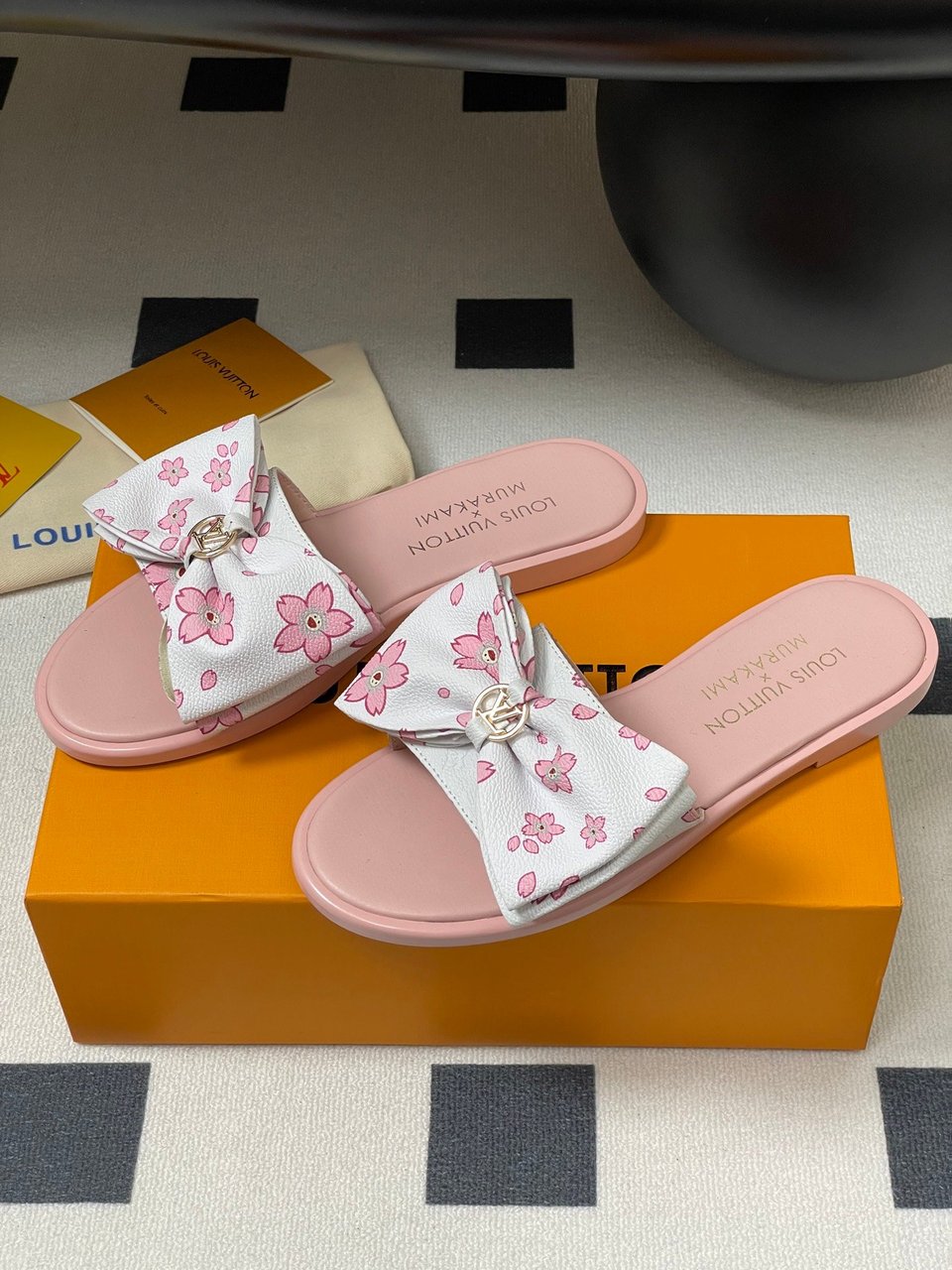 Louis Vuitton x Takashi Murakami Lily Flat Mule Bow Slide Sandals Pink Canvas 1AGVYA view 5