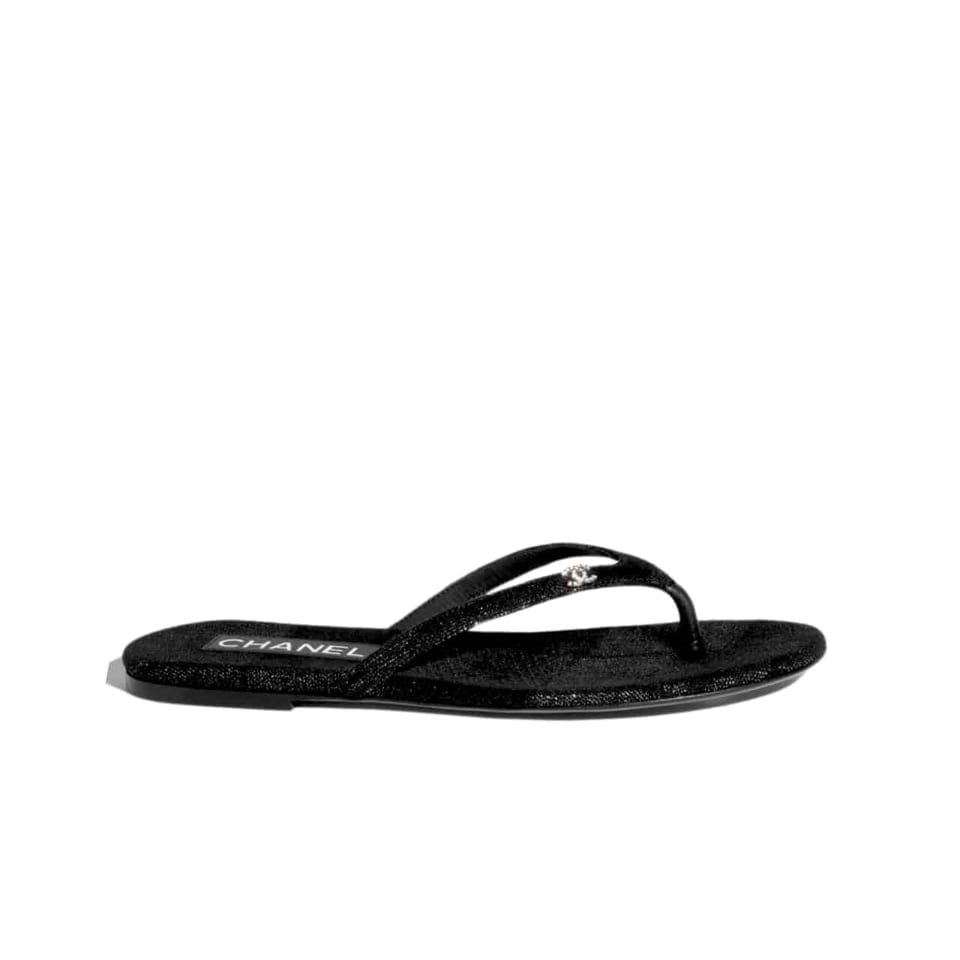 Chanel Thongs Purl Fabric With Silver Cc Logo In Black view 2