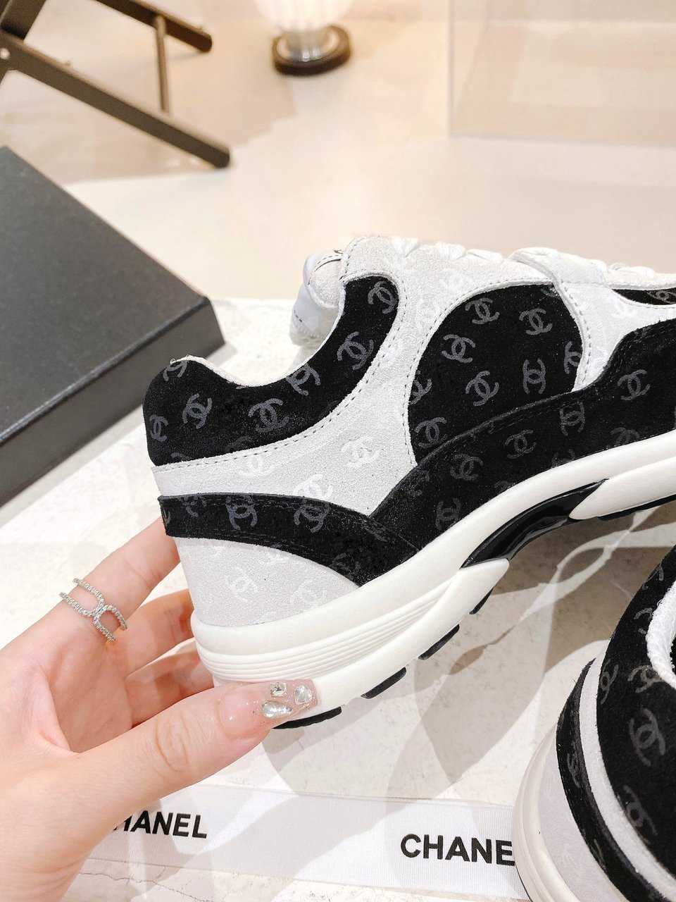 Chanel Printed Suede Calfskin Sneakers White And Black G39230 X56653 94305 view 4