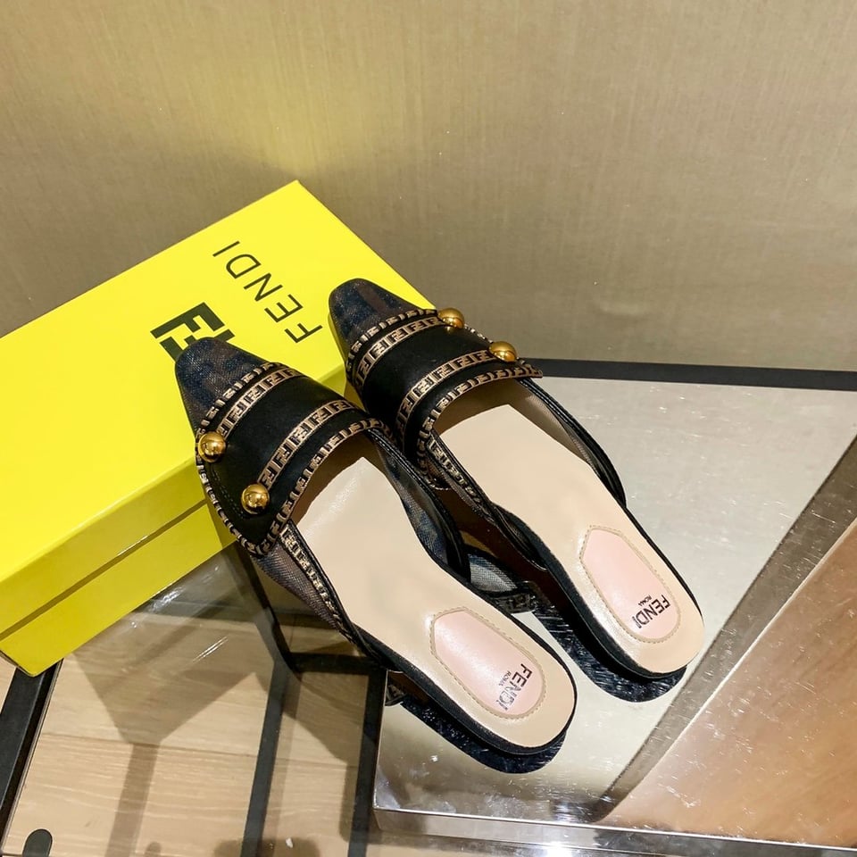 Fendi Ff Beige Strap Half Slippers Black view 5
