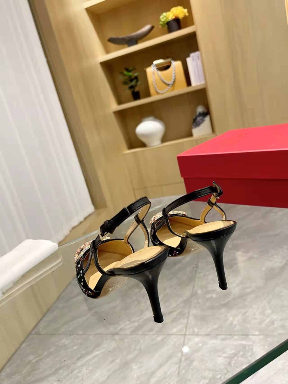 Valentino Vlogo Signature Back Strap Crystal High Heels Black view 6