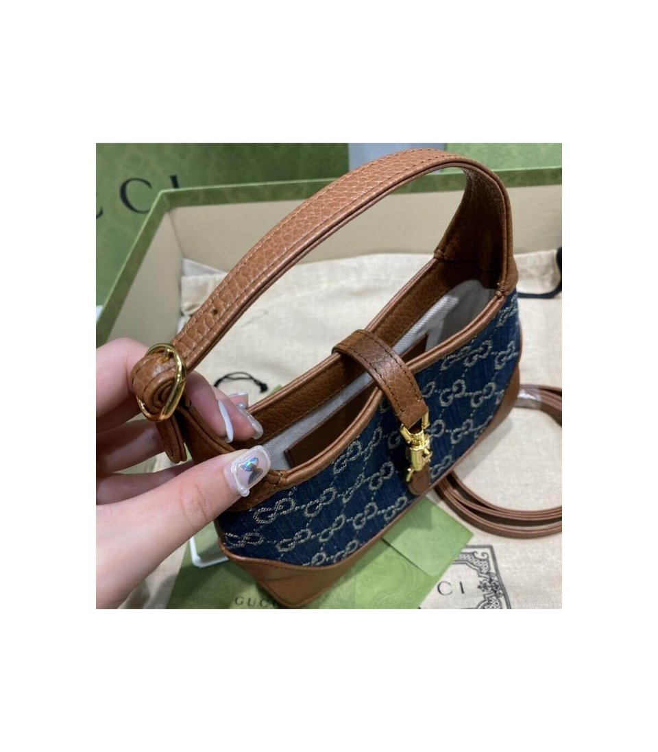 Gucci Jackie 1961 Mini Shoulder Bag in Blue Jacquard Denim 19cm view 14