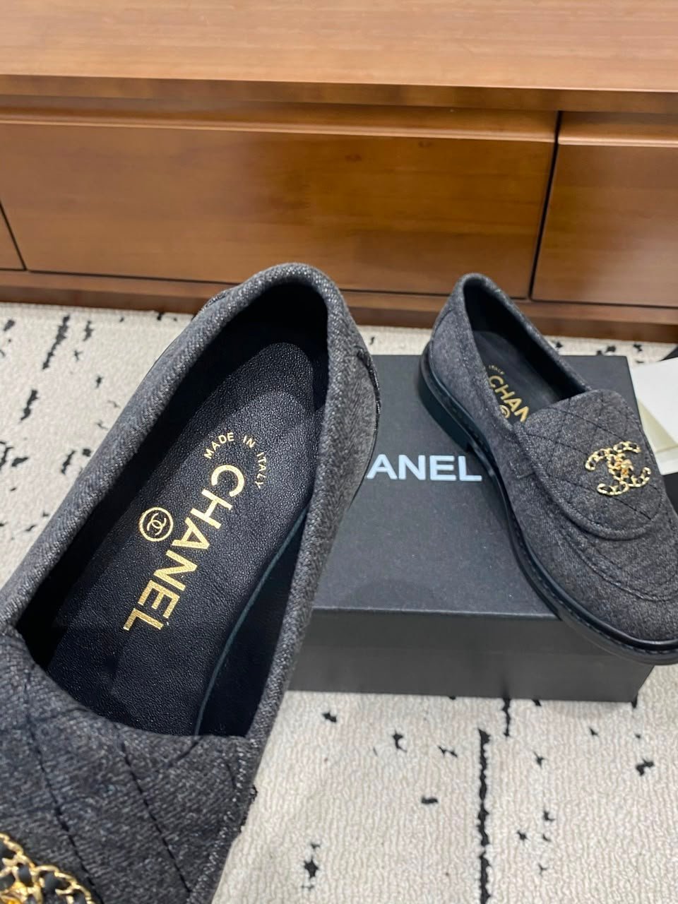 Chanel Quilted Fabric Loafers with CC Chain Logo Dark Grey G39834 view 10