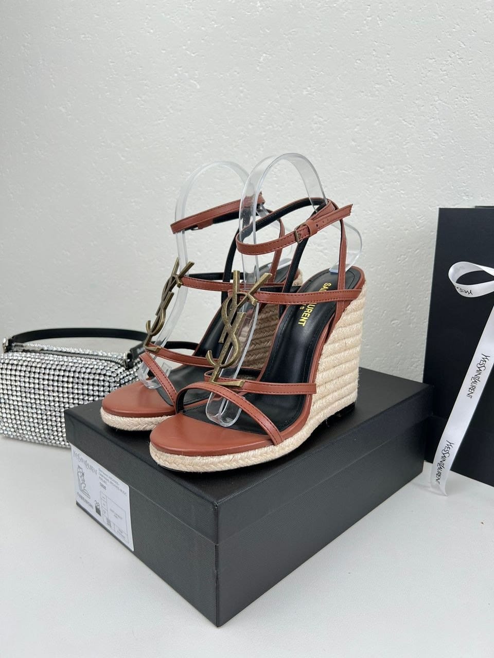 Saint Laurent Cassandra 115 Leather And Raffia Wedge Brown Sandals view 3