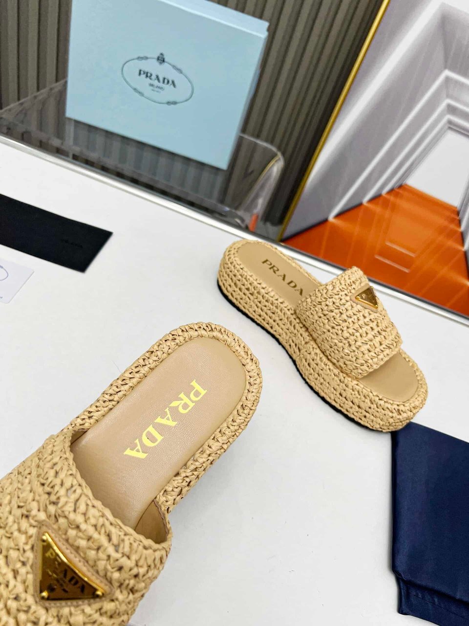 Prada Natural Crochet Platform Slides view 7
