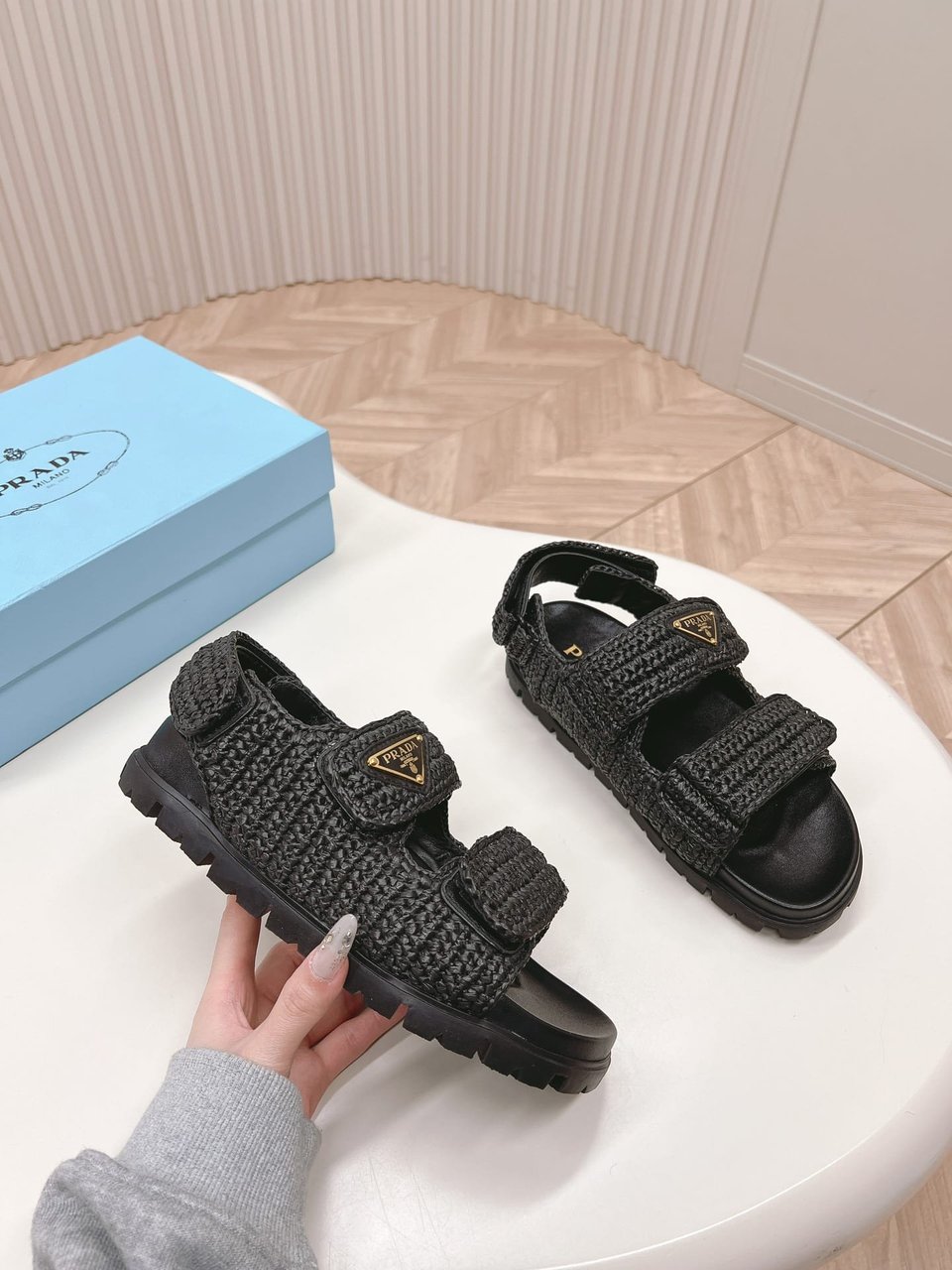 Prada Monolith Crochet Raffia Effect Sandals In Black view 6