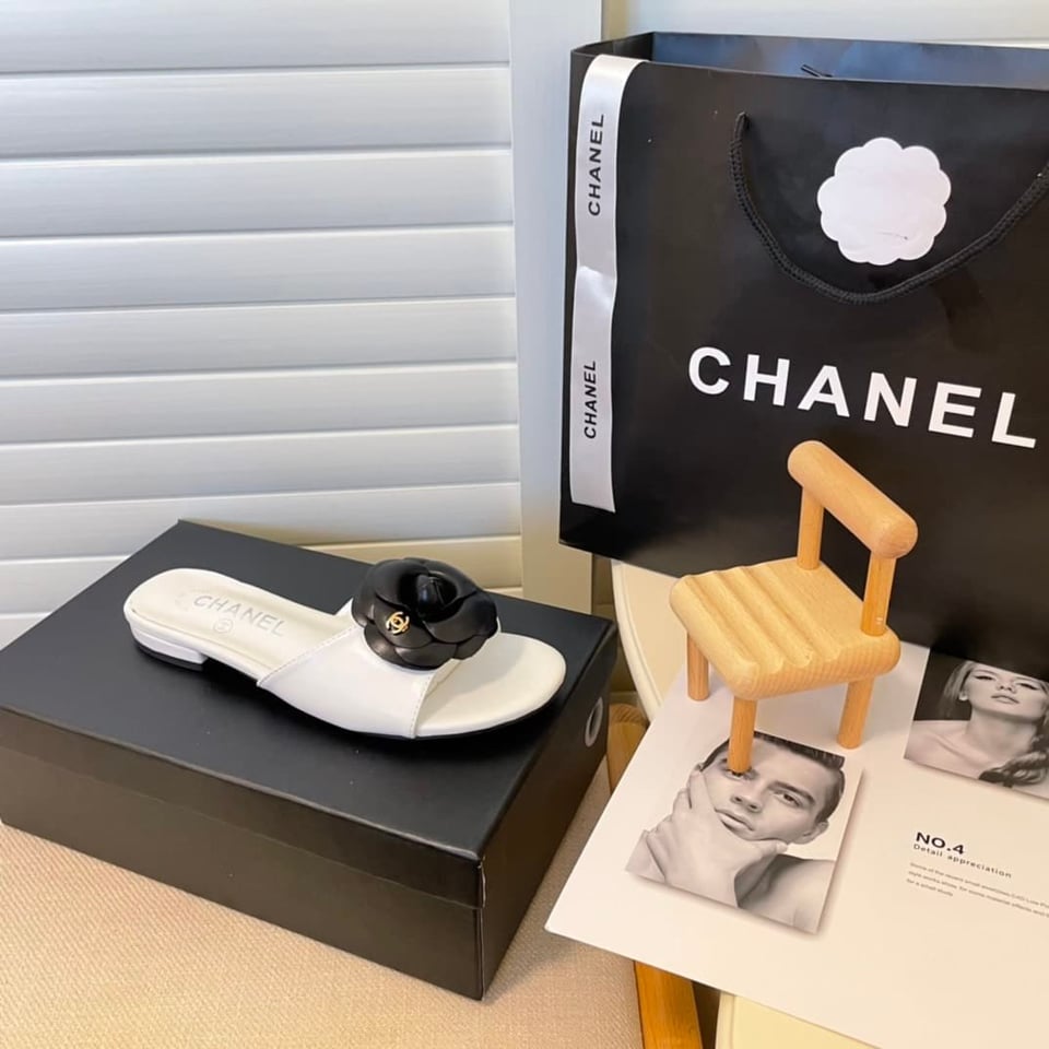 Chanel Black Camellia Slides White view 5