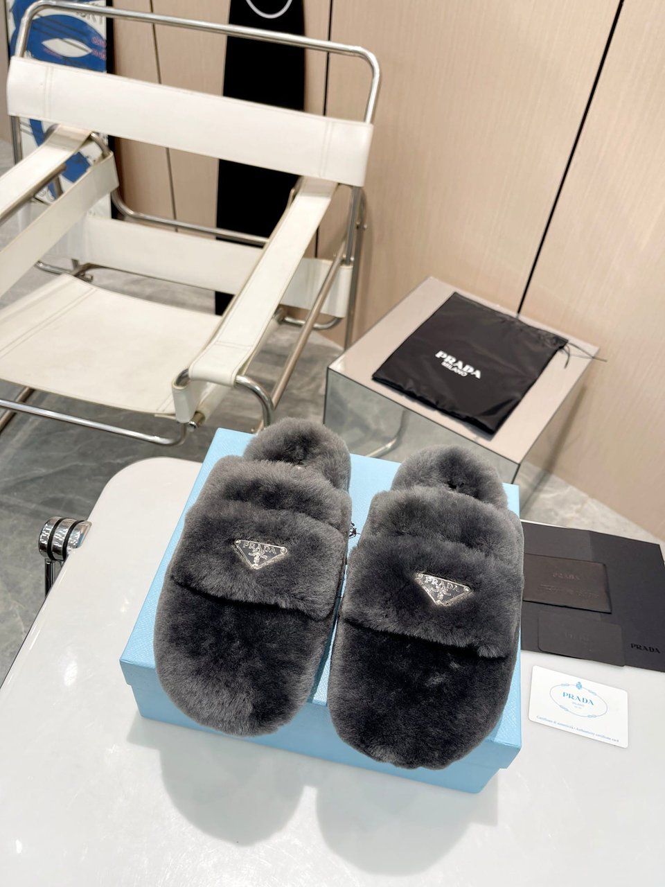 Prada Shearling Sabots Grey view 6
