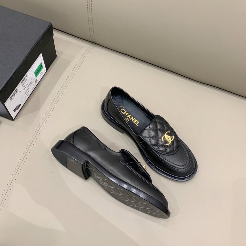 Chanel Quilted Leather Loafers Black with Gold CC Logo view 7