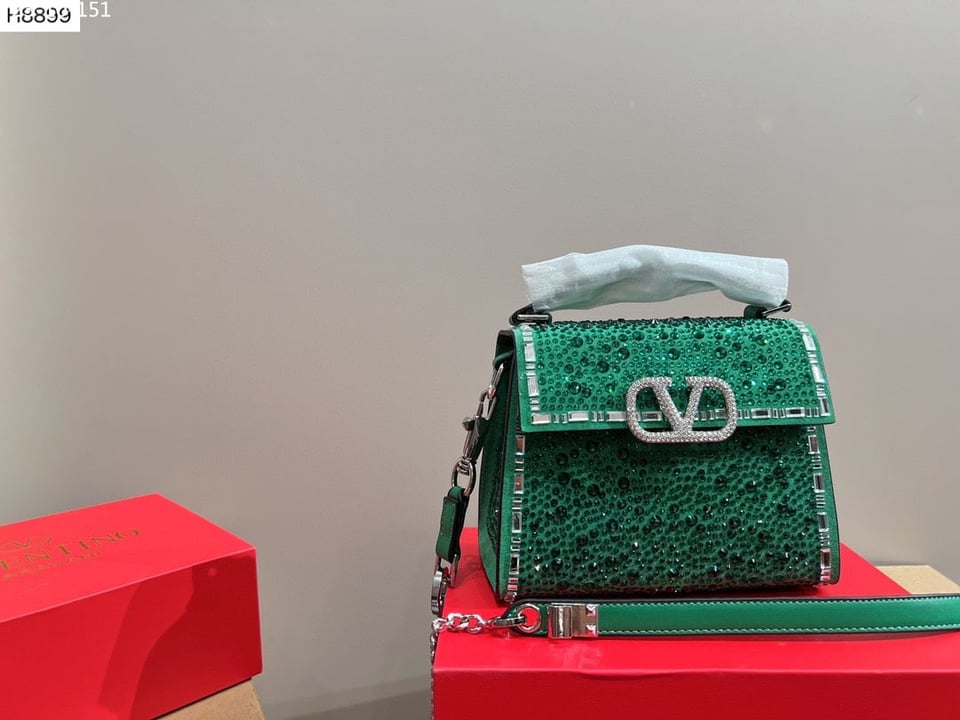 Valentino Garavani Vsling Handbag With Sparkling Crystals And Jewel Embroidery In Calfskin Green 20Cm view 2