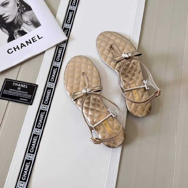 Chanel Gold Quilted Leather With White Camellia Cc Logo Bow Thong Sandals view 4