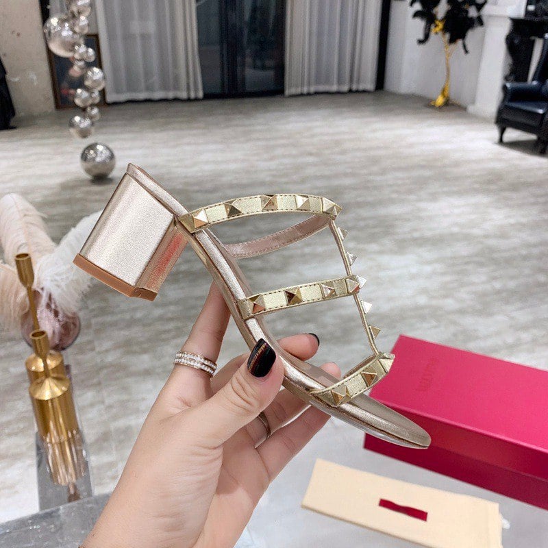 Valentino Garavani Rockstud Caged Metallic Leather Slide Sandals Gold view 8