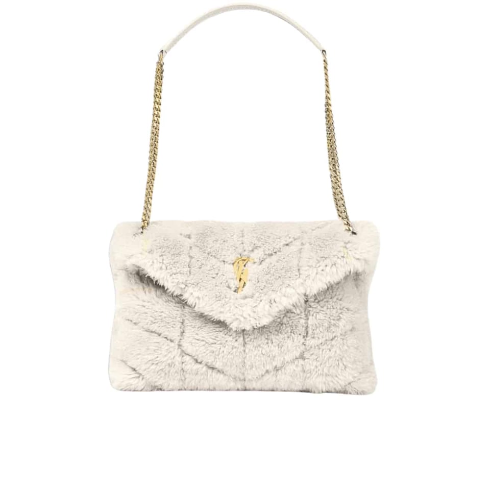 Saint Laurent Puffer Bag In Shearling White 28Cm
