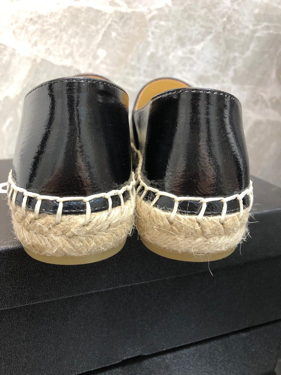 Chanel Embroidered Espadrille Leather Cap Toe Flats Black Cc view 8