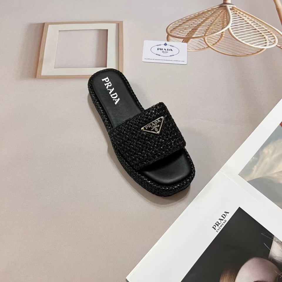 Prada Natural Crochet Platform Slides Black view 4