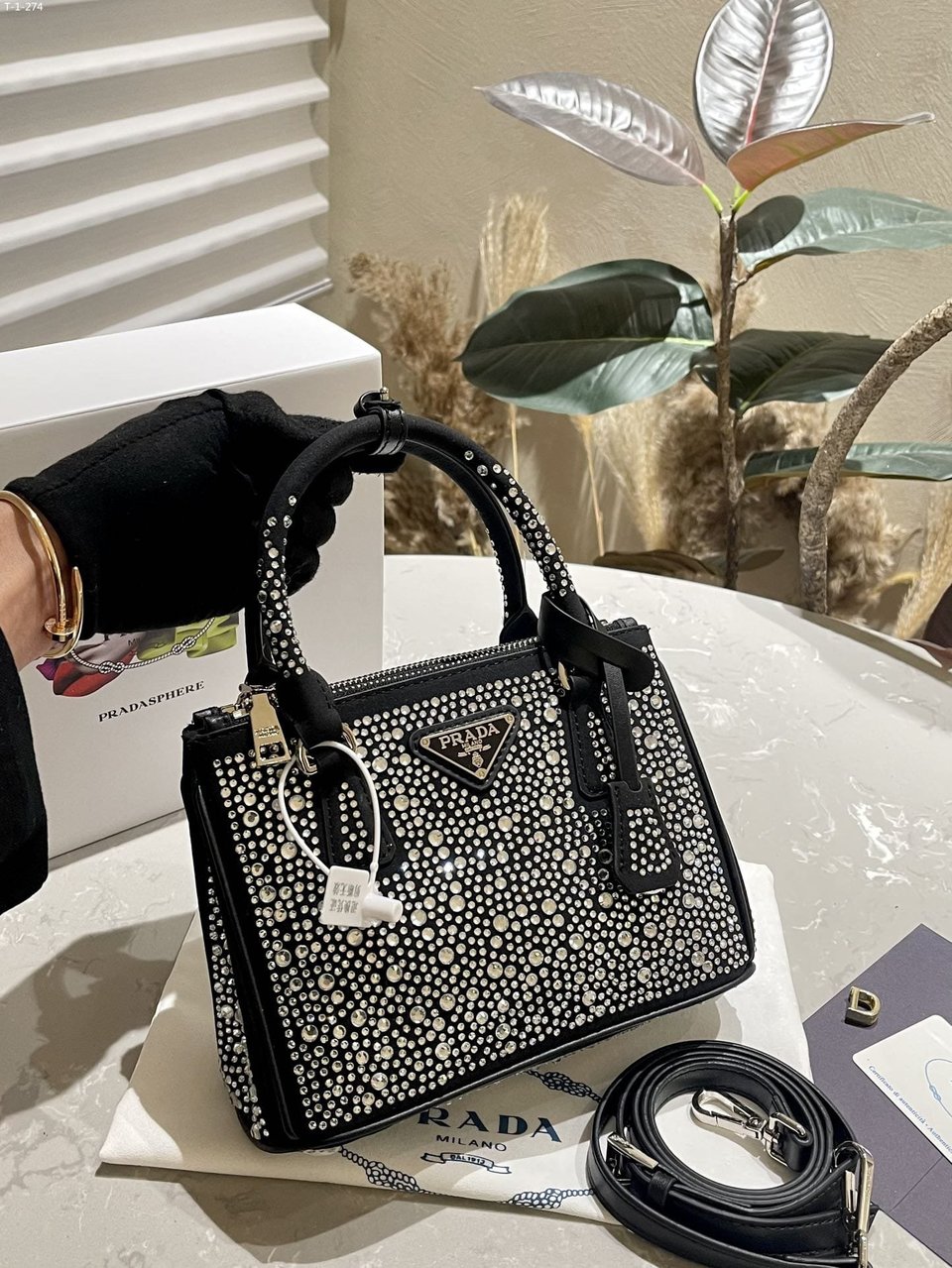Prada Galleria Satin Mini Bag With Crystals Metal 23Cm view 3