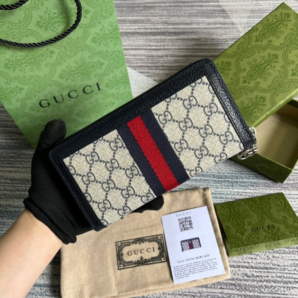 Gucci Ophidia GG Zip Around Wallet Beige With Red and Dark Blue Stripes With Silver Hardware 8in/19cm For Men view 6