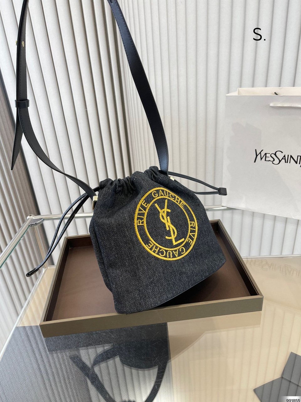 Saint Laurent Rive Gauche Laced Bucket Bag In Embroidered Felt And Smooth Leather Denim Black view 10