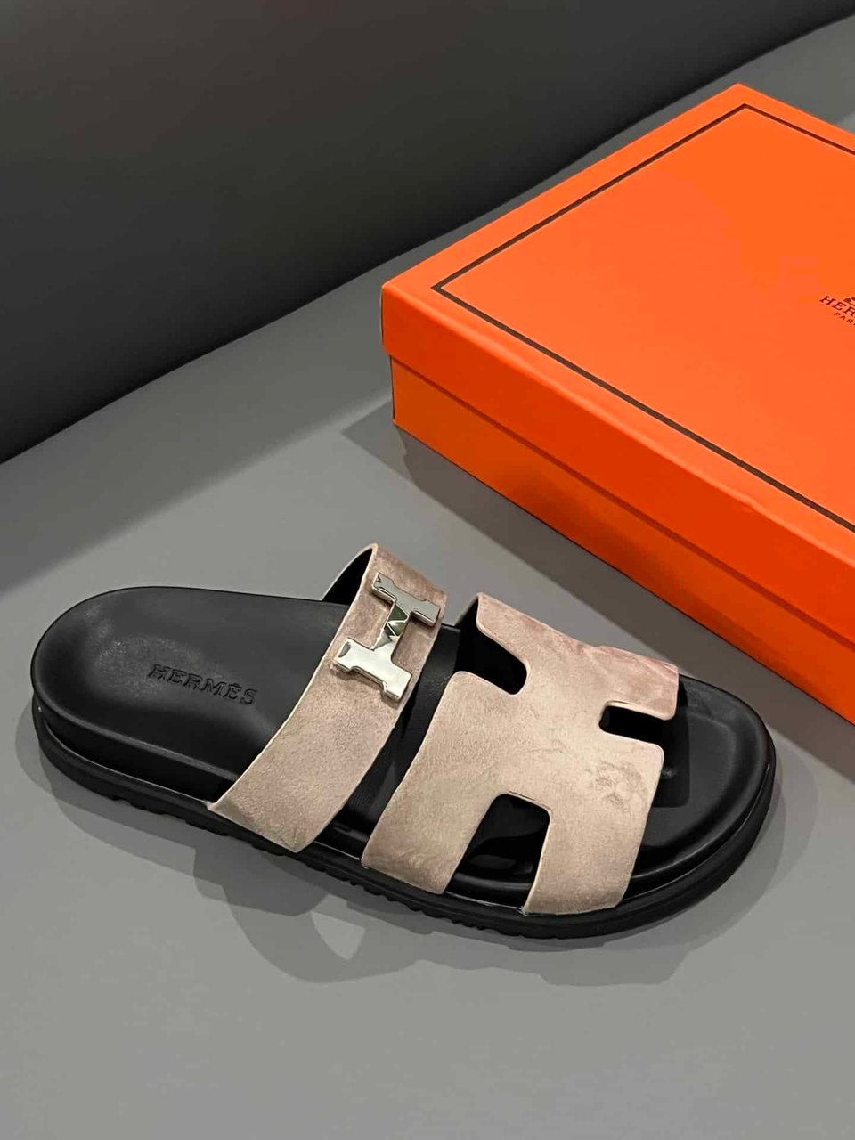 Hermes Chypre Sandal Suede H Logo Silver Hardware Light Brown view 5