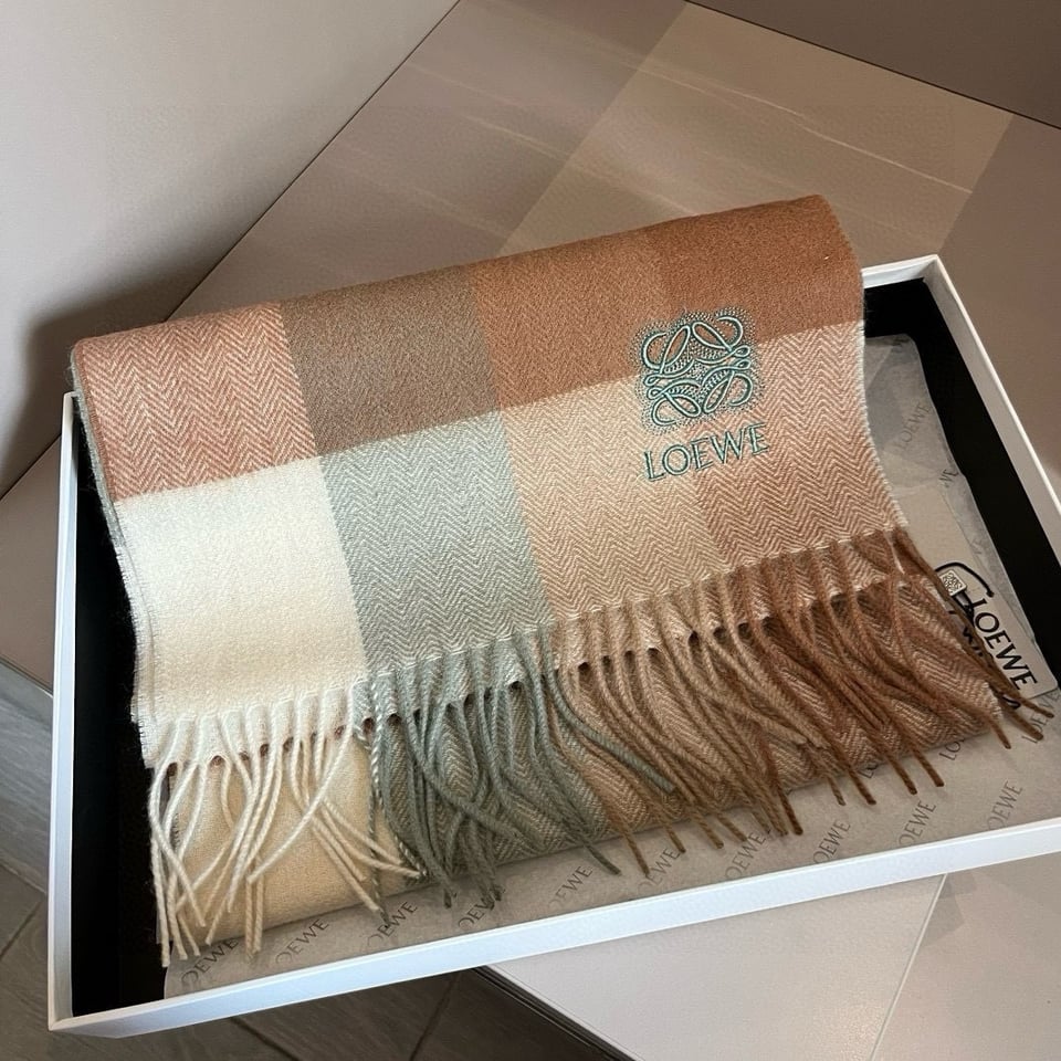 Loewe Cashmere Scarf Check Brown Green For Women 180cm view 6