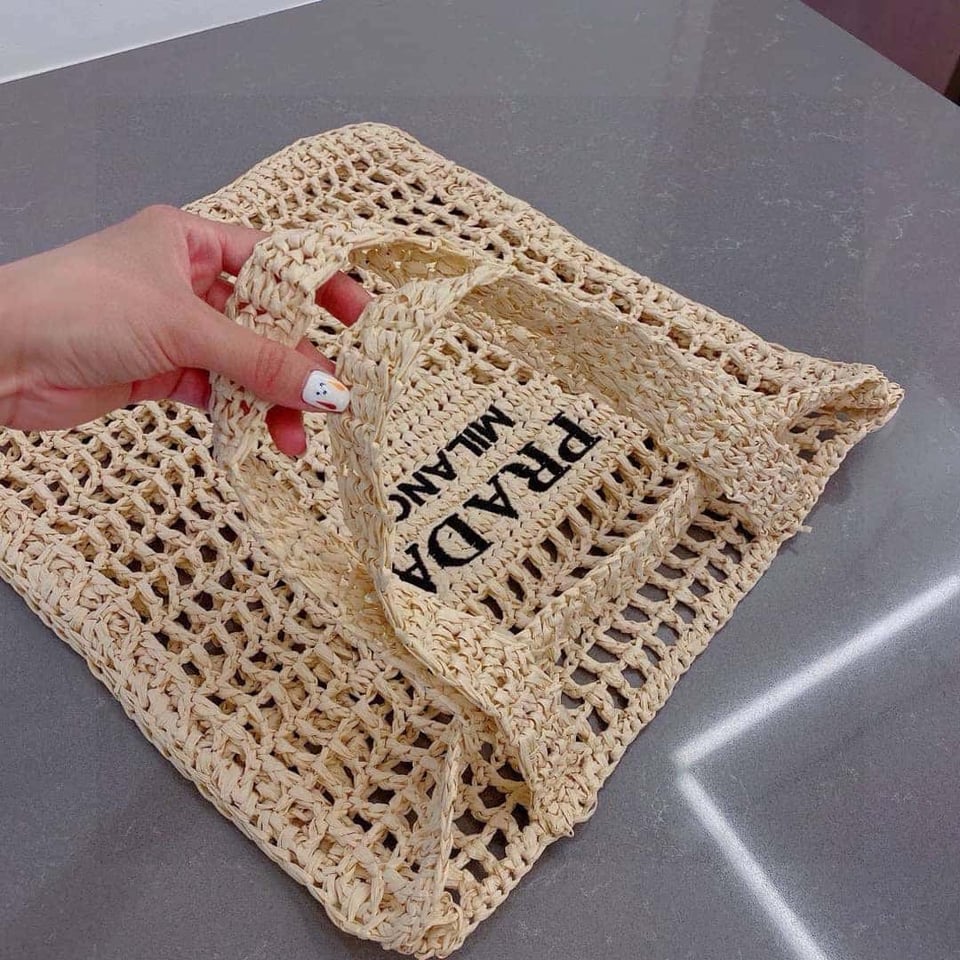 Prada Natural Crochet Logo Tote Bag Beach Bag 38 cm view 9