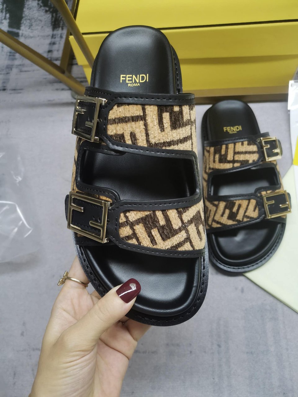 Fendi Feel Ff Fabric Slides Black view 6