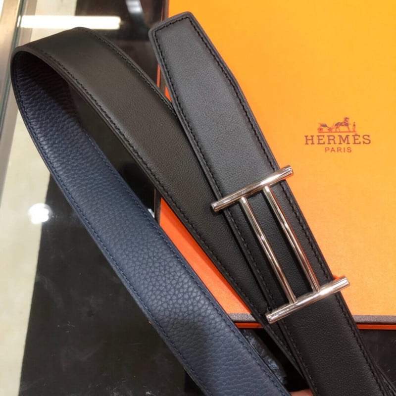 Hermes Rider Belt Buckle &amp; Reversible Leather Strap 32mm H075372 Navy Blue/Black view 6